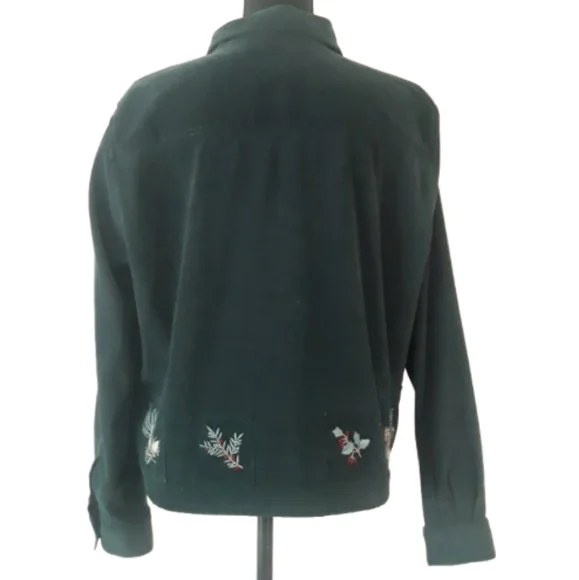 Vtg Christopher & Banks Green Velour Shirt with Holly Pinecone Patches - Large - Picture 2 of 13